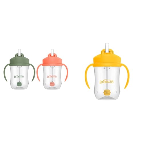 Dr. Brown's Milestones Baby's First Straw Cup, Training Cup with Weighted Straw, 9 oz/270 mL, BPA-free, 6m+, Coral/Olive Green/Vintage Yellow, 3-Pack - image 1