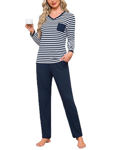 Terecey Ensemble Pyjama Femme Long en Coton Vêtements de Nuit Haut Rayé avec Poche et Pantalon Tenue de D'Intérieur Femme pour Dormir et Détente à la Maison, Bleu Marine, M