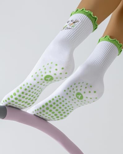Image of Yawlsow Cute Pilates Grip Socks for Women Ruffle Frilly Yoga Socks Non Slip Cotton Crew Grippy Sock for Barre Workout