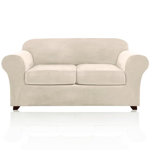 PrinceDeco Couch Cover Velvet Plush Sofa Covers for 2 Cushion Couch Width Up to 90 Inch Washable Furniture Protector Pet Friendly No Slip Sofa Slipcover(Medium-Large, Ivory)