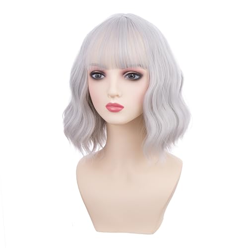 Women Silver Wig Adult Short White Silver Wavy Curly Wig Woman Wigs with Air Bangs Heat Resistant Synthetic Wigs with Cap
