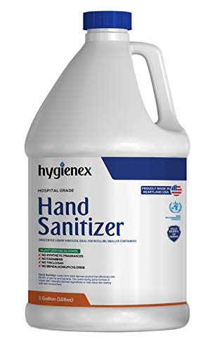 Hygienex Hospital Grade Hand Sanitizer 1 Gallon Liquid 128 Fl Oz. Refill, Unscented, 80% Alcohol Made in USA WHO Approved Formula