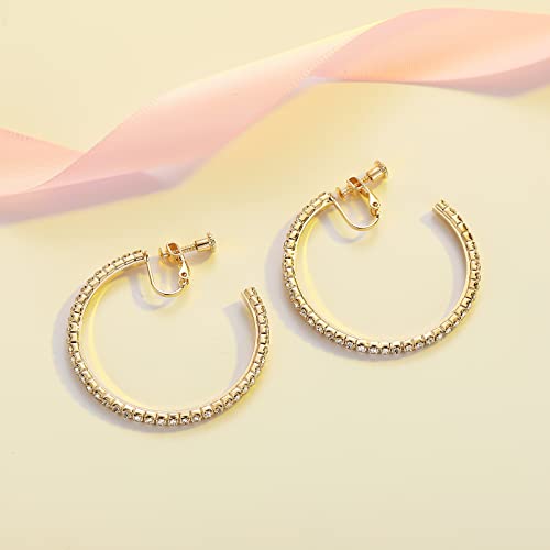 Laxpicol Fashion Sparkly Austrian Circle Hoop Earrings Clip On Earrings For Women Girls No Piercing Earrrings Golden Tone 1.6"*1.6" #TOP4