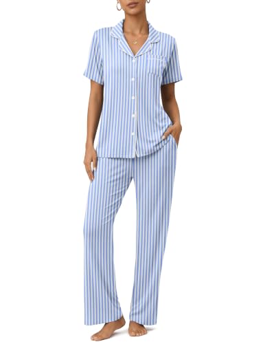 Image of Womens Pajamas Sets 2 Piece Button Up Pj Sets Short Sleeve with Long Pant