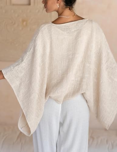 Women Linen Lightweight Cardigan Open Front 3/4 Sleeve Shawls Wraps Shrug Jackets Kimono Poncho Loose Cover Ups2
