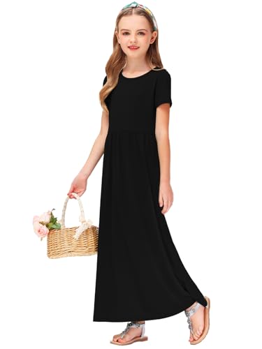 Long Dresses for Girl Black Floor Length Short Sleeve Cotton Casual Maxi Dress 5-6 Years - Thumbnail 6