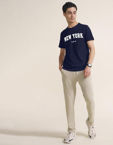 Image of Veirdo Regular Fit Half Sleeves Round Neck Typographic Printed Pure Cotton T-Shirt for Men (Available Colors: Black, Navy, Swan White, & White) (Sizes: S to 2XL)