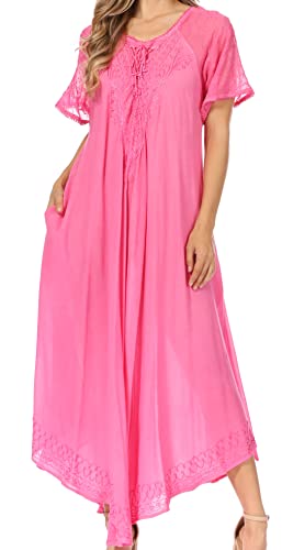 Image of Sakkas Egan Long Embroidered Caftan Dress /Cover Up with Embroidered Cap Sleeves