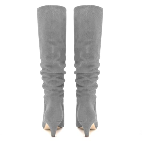 LEHOOR Women Low Kitten Heel Knee High Boots Pointed Toe Suede Slouch Dress Boots Pull On Short Heel Wide Calf 4-11 M US4