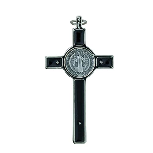 St. Benedict Crucifix With Round St. Benedict Medal Inlay | 3" Silver-Tone And Black Enamel Cross With Cord And Booklet | Patron Saint Of Students And Europe | Made In Italy #TOP5