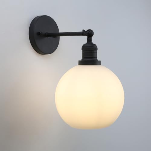 Image of Pathson Modern Wall Sconce Lighting with 7.9 inch Milk White Round Globe, Frosted Glass Hardwired Vintage Vanity Light Fixture for Living Room Bedroom Bathroom