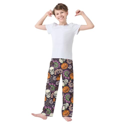 Skull Pumpkin Spider Boys Long Pants Soft Trousers Elastic Waist Kids Lounge Bottoms with Pockets S-XL2
