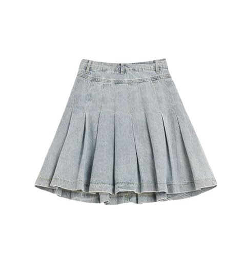 Women’S Vintage Fashion Denim Mini Skirt High Waist Slimming Versatile Button Lotus Leaf Pleated Skirts Washed Blue XXL
