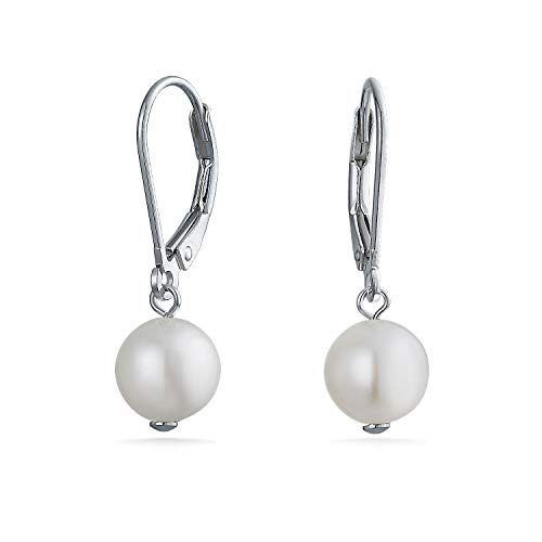 Simple White Freshwater Cultured Pearl Leverback Drop Ball Earrings For Women 925 Sterling Silver