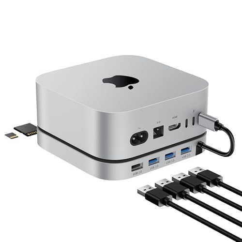 Stouchi Mac Mini Dock para Mac Mini M4/M4 Pro 2024, concentrador M4 con 3 puertos USB 3.0 (5 Gbps), 1 USB 2.0, lectores micro/SD (104 Mbps), lectores de tarjetas TF (104 Mbps), sin SSD, color plateado