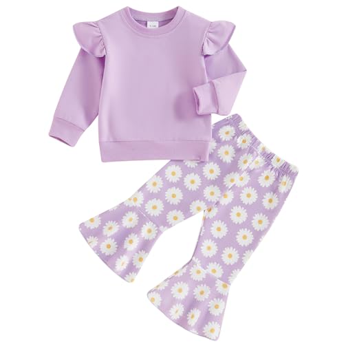 Image of Mubineo Toddler Baby Girl Clothes Cute Outfits Long Sleeve Sweatshirt Tops Floral Bell Bottom Pant Fall Winter Outfit (Purple Daisy, 4-5T)