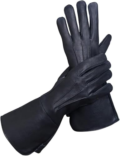 Glamtron Leather Long Cuff Medeival Renaissance Gauntlet Steampunk Cosplay Lamp Skin Black Leather Halloween Gloves Medium