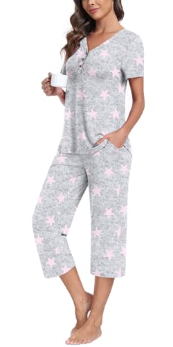 Anyally Women's Pajama Set Plus Size Short Sleeve Top and Pants 2 Piece Lounge Sets Summer Ladies Pjs Sets3