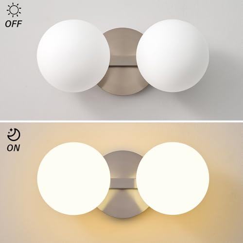 Image of Nickel Globe Wall Sconce,Vanities Lights with 2 Milk Glass Shades. | 6 inch Modern Spherical Vanity Sconces,Contemporary Small Brass Ball Lights Fixture for Entryway Bedside Bathroom,E26 Base