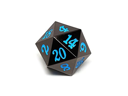 35mm Giant Metal D20 Dice - Solid Metal - Gun Metal Finish with Signature Font (Powder Blue Numbering)