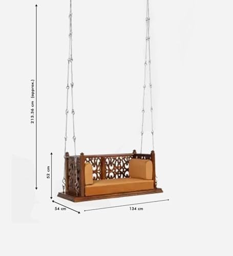Jairi Traders Wooden Swing (4ftx2ft) Solid Wooden Hanging with Hand Rest and Back Support Jhula Wooden Swing (with Silver Chain Assesories) Hand and Back Jhali Carving
