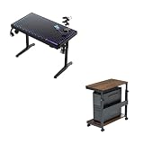 EUREKA ERGONOMIC RGB LED Gaming Desk, Music Sync Lights Up Tempered Glass Desktop，with Height Adjustable Computer Tower Stand Walnut