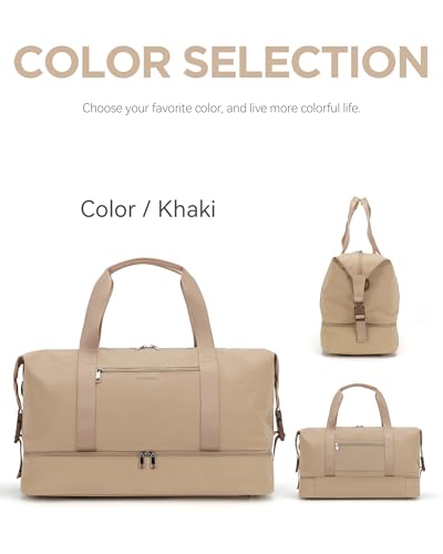 Image of Oeihuivt Weekender Bags for Women - 21 Inch Large Travel Duffel Bag with Shoe Compartment, Heavy-Duty Canvas Leather Carry On Overnight Tote, Khaik-1A, 21, Weekend Trip