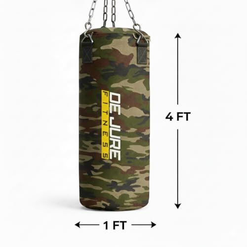 Image of De Jure Fitness Heavy Duty 4 Ft Punching Bag with Rust-Proof Stainless Steel Hanging Chain | Durable Polyester Fabric | Comfortable Recycled Filling | Boxing MMA, Kickboxing - Camouflage, 4 Ft