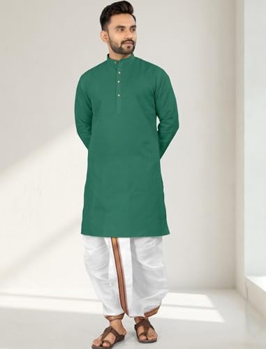 Image of UNIQUE MOMENTS Men's Cotton Dhoti Kurta Set with Full Sleeves Solid Pattern Modern Style and Mandarin Collar Neck | Perfect for Puja & Celebrations