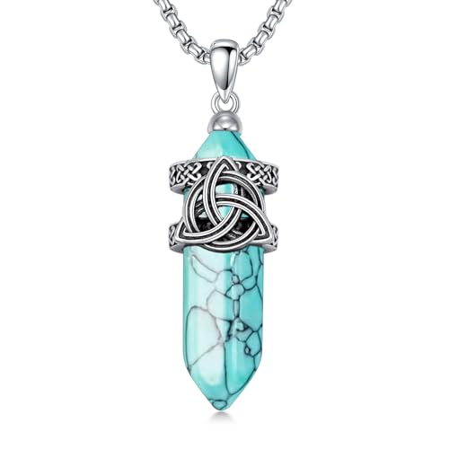 Lattd Celtic Knot Necklace 925 Sterling Silver Turquoise Irish Triquetra Trinity Knot Pendant Necklace for Men, with Stainless Steel Chain 22''+2''