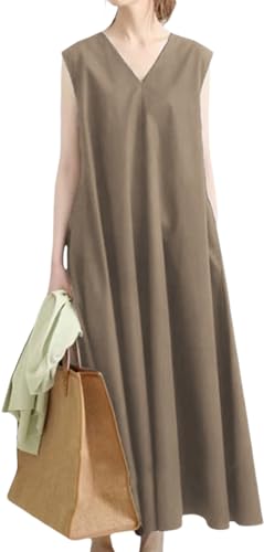 [MARIA MARFA] Vネック ノースリーブ ロング ワンピース レディース 大人 リゾート 夏 きれいめ ダンス 肌色 ゆるい デザイン 夏柄 涼しい 普段着 ルームウェア お洒落 オシャレ 長め 丈長 量産型 可愛い 韓国 薄手 無地 ゆったり かわいい 夏用 カワイイ uネック 薄い 細身 オフィス 旅行 ビーチ 通気性 マタニティシャツワンピ ドレス ベージュ 4S-M28-BEM