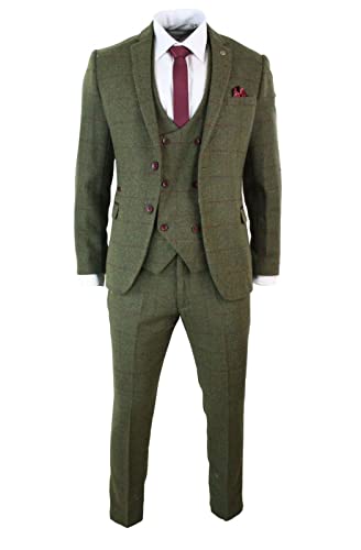 Men Olive Green Plaid Tweed Blazer Vintage Checkered Prom Party Tuxedo Grooms Wedding 3 Pieces Suit Jacket Pants Vest