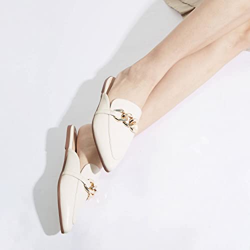 Bison Spirit Mules For Women Flats Pointed Toe Slip On Slides Loafer Shoes (Metal Chain-Beige Pu,8.5) #TOP4