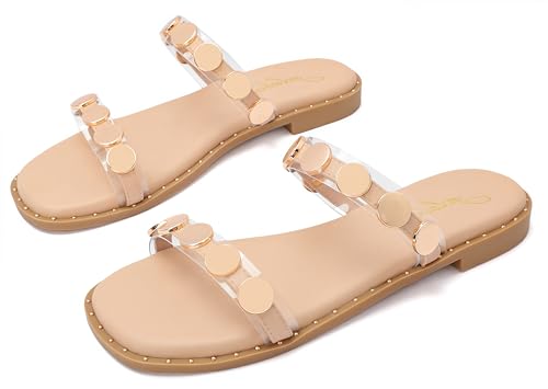 Image of geluboao Sandals for Women 2025 Open Toe Two Band Slip On Slides Fashion Metal Circular Flat Sandals for Summer Size 6-11