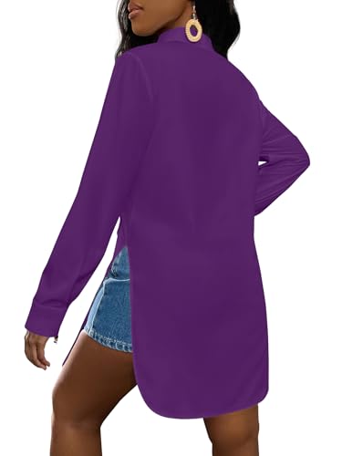 Image of LYANER Women's Collar Neck Long Sleeve Button Down Shirts Sexy Split Hem Tops Long Blouse Shirt Dress