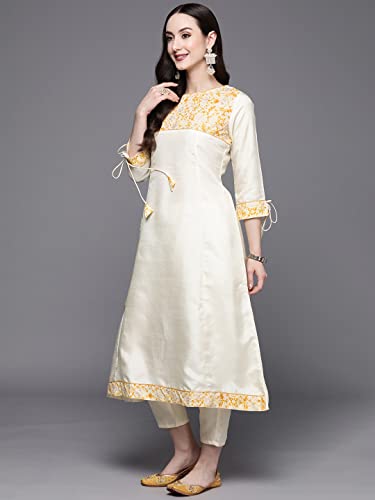 Image of INDO ERA Women's Pure Cotton Floral Printed A-line Kurta Palazzo with Dupatta Set (ERERE2455 Off White XS to 2XL-Size)