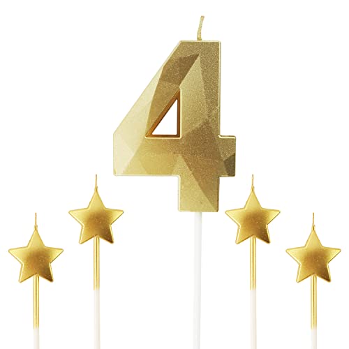 Golden Number 4 Birthday Candles and Star Birthday Candles 2.76 inch Birthday Cake Candles 3D Diamond Shaped Candles are Suitable for Birthday Parties and Anniversary Cake Decorations Candles(Gold 4