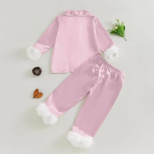 2pc Plush Cuff Satin 𝐏ajamas Sets for Girls Cute Plain Long Sleeve Open Front 𝐏𝐉 Shirt and Thin Silky Pants Sl𝐞epwear4