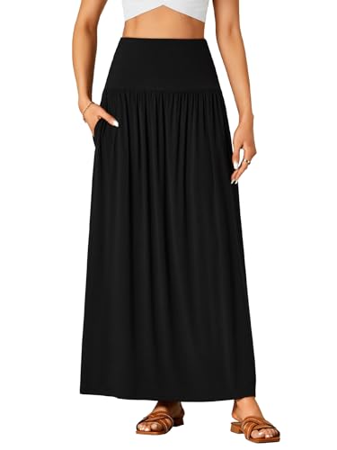 Vrtige Women's Casual Elastic High Waist Flowy A-line Pleated Long Maxi Skirt with Pockets2