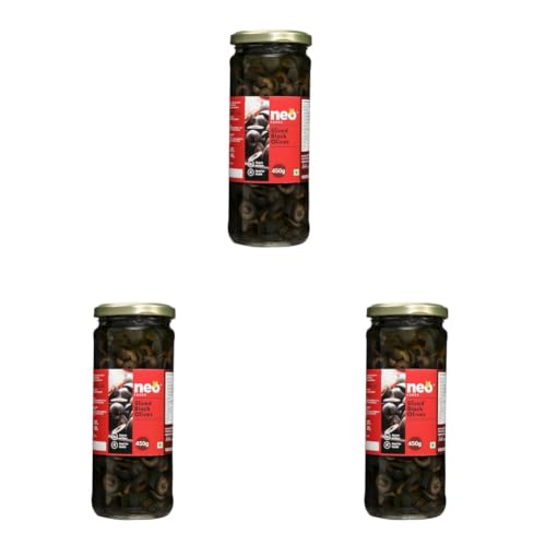 Image of Neo Sliced Black Olives 450g l Spain Olive l Low Fat Ready-to-Eat Healthy Snack, Source of Fibre l Enjoy as Topping for Pizza & Pasta l 450g (Pack of 3)