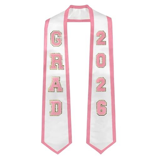OnePlum Graduation Stole Class of 2026 Pink Graduation Sash with Chenille Letters Patches Classic End With Trim Unisex Adult 72 Long Pink Trim