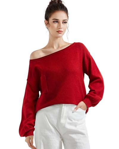 SUUKSESS Women Off The Shoulder Fall Sweaters Long Sleeve Boat Neck Oversized Pullover Sweater Tops