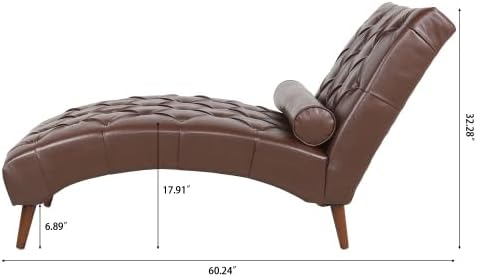 Chaise Lounge Chair Indoor, Mid Century PU Leather Tufted Fainting Couch with Lumbar Pillow & Solid Wood Legs, Comfortable Upholstered Chaise Accent Chair for Living Room, Bedroom, Dark Brown