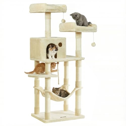 Feandrea Albero per Gatti Alto 143 cm, Tiragraffi per Gatti, con 11 Pali Graffiatoi, 2 Posatoi, 1 Grotta, 1 Amaca, 2 Pompon, in Peluche a Più Livelli, Beige PCT15BEV1