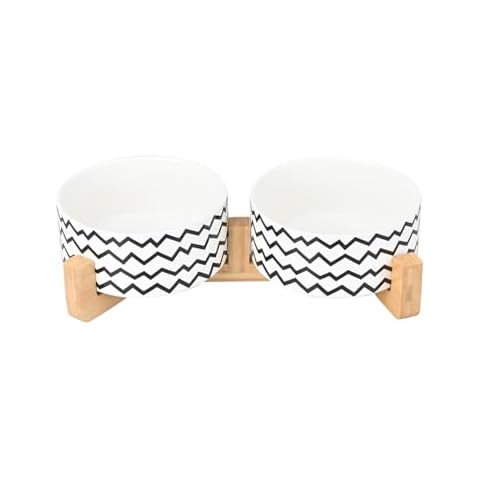 SPUNKYJUNKY Ceramic Dog and Cat Bowl Set with Wooden Stand, Modern Cute Weighted Food Water Bowl Set for Medium Size Dogs (3.6 Cups, 2 × Wavy-White) Cover