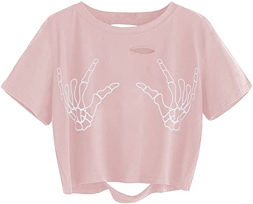 Image of Avanova Women Skull Finger Graphic Distressed Tee Shirt Ripped Short Sleeve Crop Tops