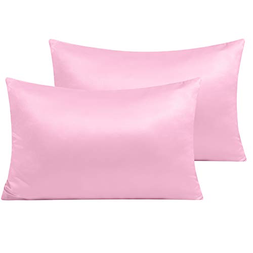 NTBAY 2 Pack Zippered Satin Pillow Cases for Hair and Skin Luxury King Hidden Zipper Pillowcases Set of 2, 50x90 cm, Light Pink
