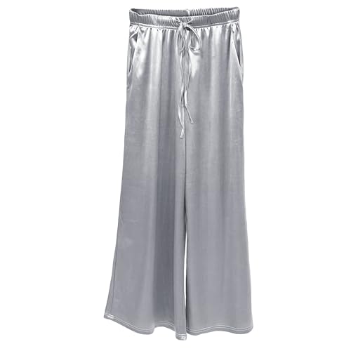Cotilafi Women's Silk Wide Leg Pants, Loose Comfortable Straight Leg Casual Trousers, High Waist Elastic Waistband Long Pants Silver Gray