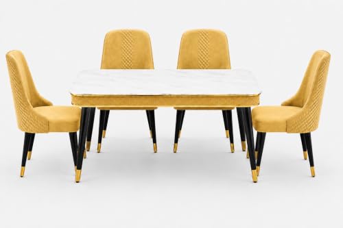 Image of WOODEN SPACE Majestic 4 Seater Wooden Dining Table Set | Urban Marble Top Dining Table with Chairs for Dining Room & Kitchen (Modern Vento Yellow) (54 x 36 x 30 inch)