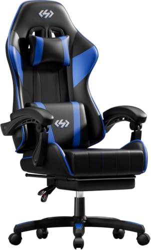 Image of HLDIRECT Gaming Chair with Footrest, Lumbar Support & Headrest, Black&Blue | Ergonomic, 90-135 recline, adjustable height & 360 swivel, PU leather and 45D foam, for adult gaming, work & relaxing